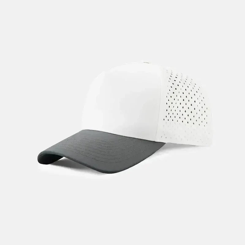 Foremost 6526 - 5 Panel Laser Performance Hat – White+Charcoal - Customized with Your Logo
