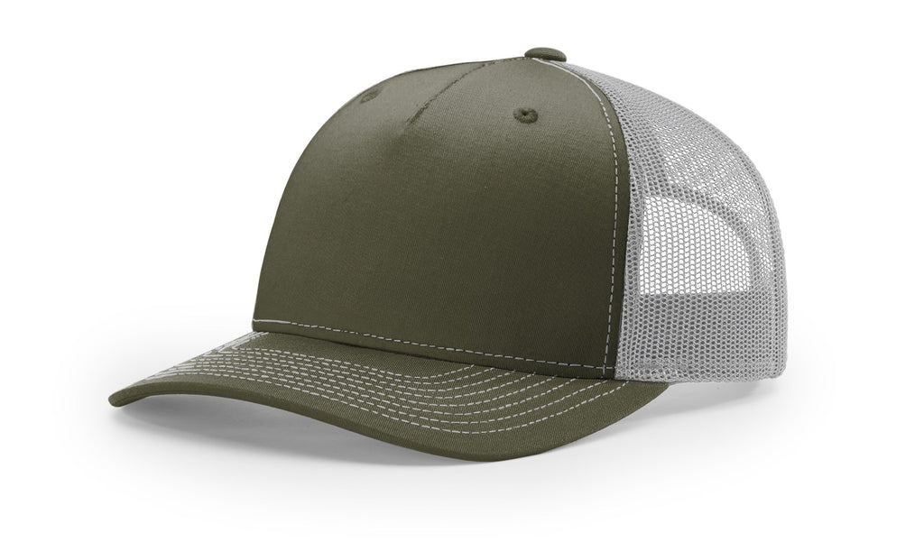 Richardson 112 FP - 5 Panel Trucker Hat –  Beetle/Quarry - Custom Leatherette Patch w Your Logo