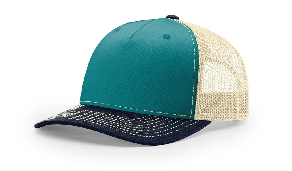 Richardson 112 FP - 5 Panel Trucker Hat –  Blue Teal/Birch/Navy - Custom Leatherette Patch w Your Logo
