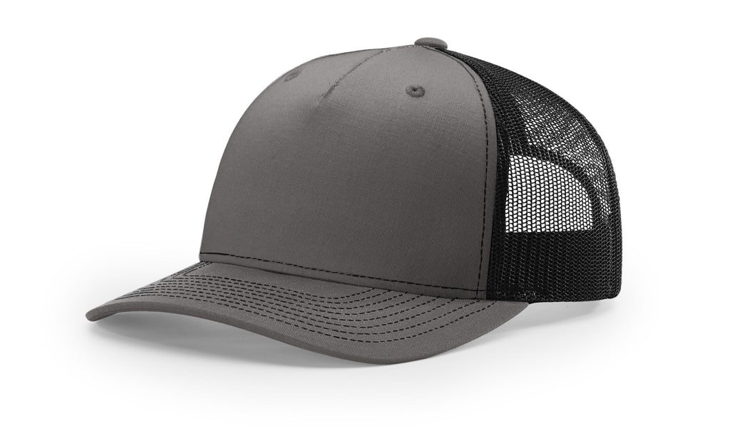 Richardson 112 FP - 5 Panel Trucker Hat –  Charcoal/Black - Custom Leatherette Patch w Your Logo