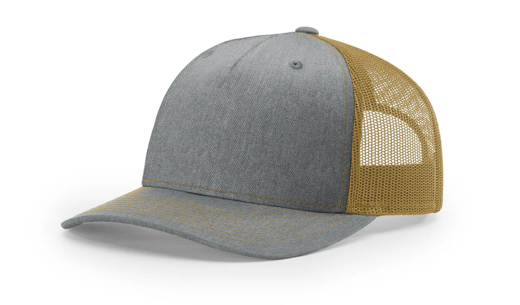 Richardson 112 FP - 5 Panel Trucker Hat –  Heather Grey/Amber Gold - Custom Leatherette Patch w Your Logo
