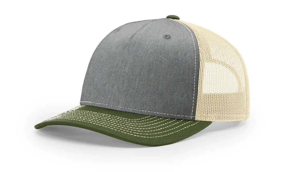 Richardson 112 FP - 5 Panel Trucker Hat – Heather Grey/Birch/Army Olive - Custom Leatherette Patch w Your Logo