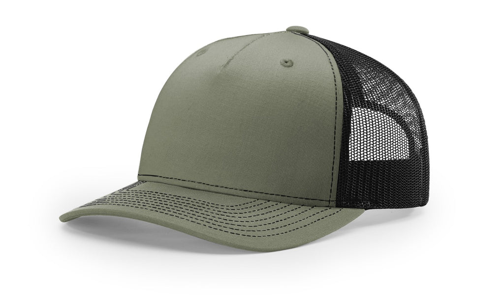 Richardson 112 FP - 5 Panel Trucker Hat –  Loden/Black - Custom Leatherette Patch w Your Logo
