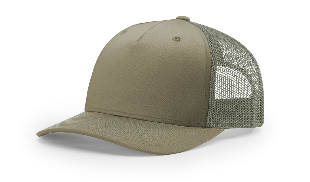 Richardson 112 FP - 5 Panel Trucker Hat –  Pale Khaki/Loden - Custom Leatherette Patch w Your Logo