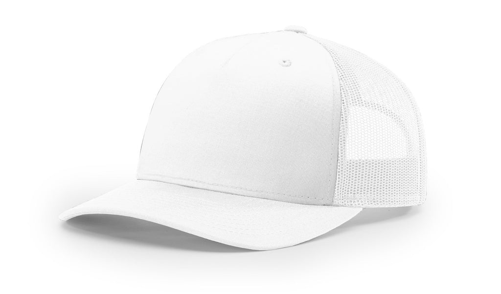 Richardson 112 FP - 5 Panel Trucker Hat –   White - Custom Leatherette Patch w Your Logo