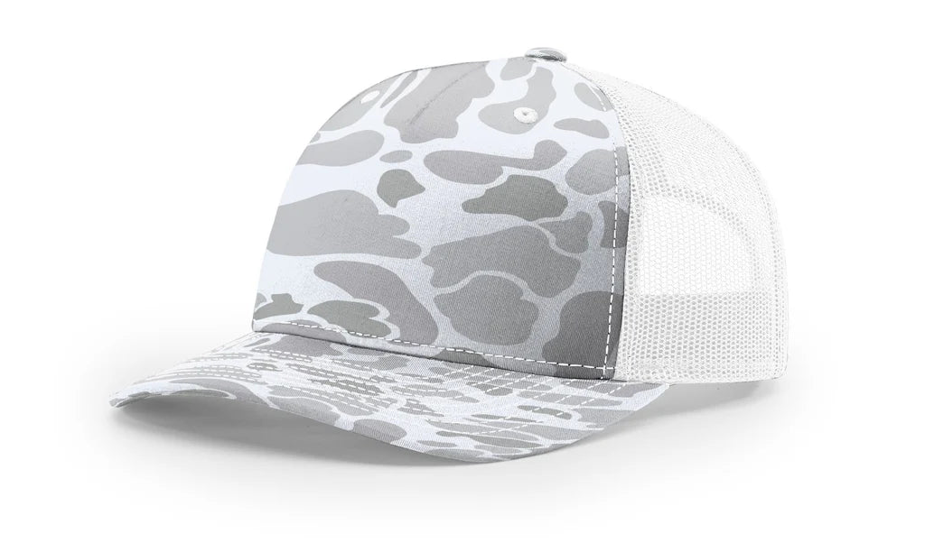 Richardson 112 PFP - Printed 5 Panel Trucker Hat – Blizzard Duck Camo/White - Custom Leatherette Patch w Your Logo