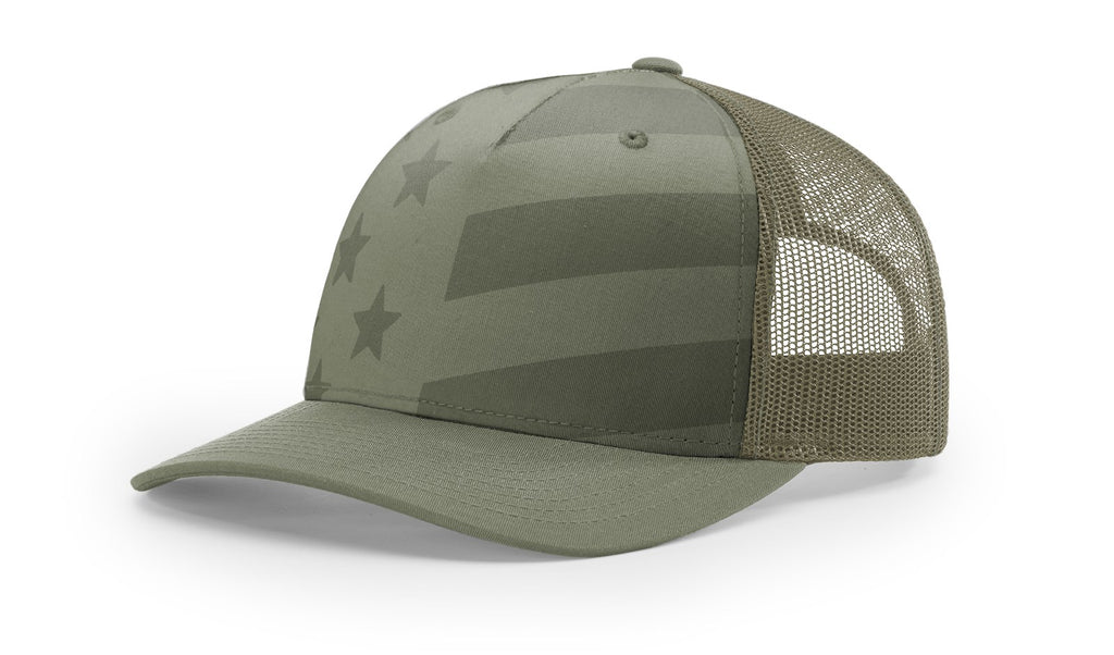 Richardson 112 PFP - Printed 5 Panel Trucker Hat – Loden/Tonal Stars and Stripes - Custom Leatherette Patch w Your Logo