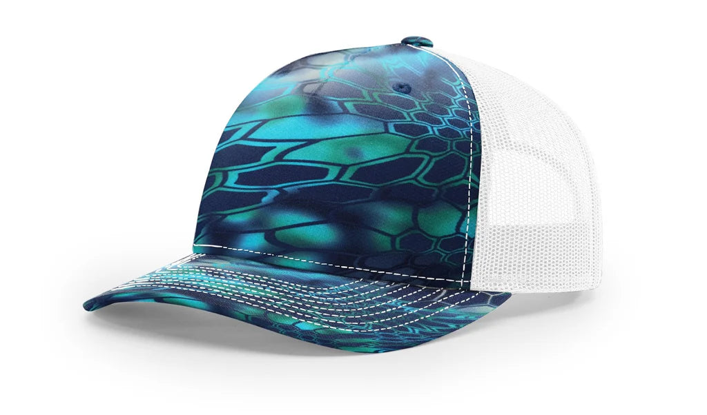 Richardson 112 PFP - Printed 5 Panel Trucker Hat – Pontus Camo/White - Custom Leatherette Patch w Your Logo