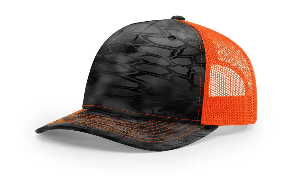 Richardson 112 PFP - Printed 5 Panel Trucker Hat – Typhon/Blaze Orange - Custom Leatherette Patch w Your Logo