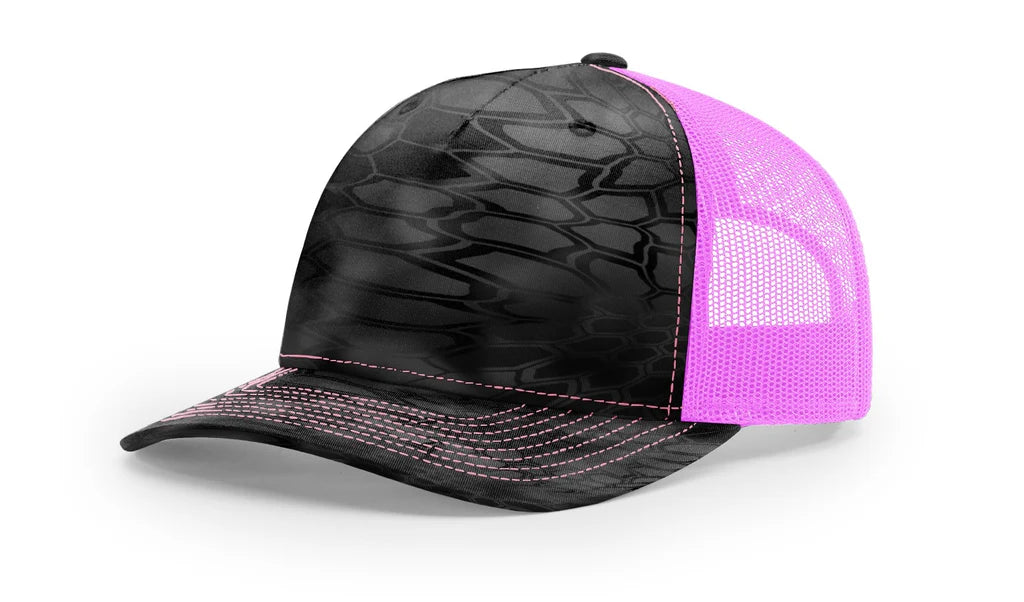 Richardson 112 PFP - Printed 5 Panel Trucker Hat – Typhon/Neon Pink - Custom Leatherette Patch w Your Logo