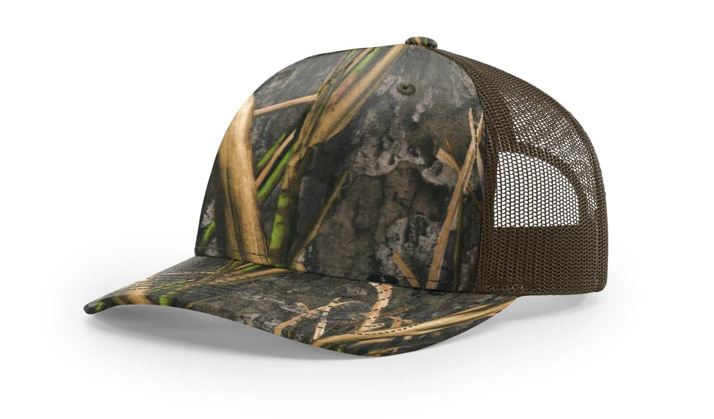 Richardson 112 PFP - Printed 5 Panel Trucker Hat – Mossy Oak Habitat/Brown - Custom Leatherette Patch w Your Logo