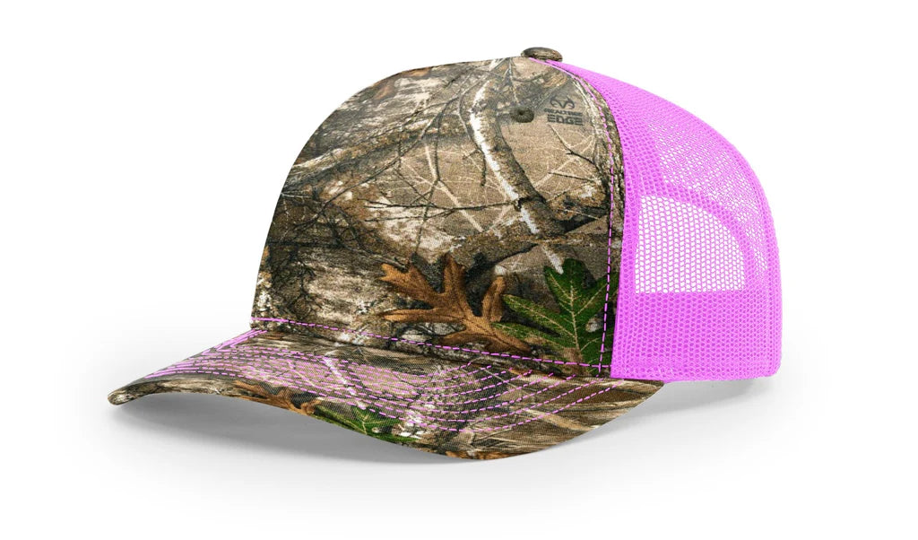 Richardson 112 PFP - Printed 5 Panel Trucker Hat – Realtree Edge/Neon Pink - Custom Leatherette Patch w Your Logo