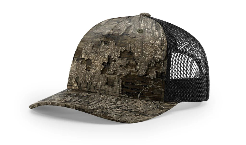 Richardson 112 PFP - Printed 5 Panel Trucker Hat – Realtree Timber/Black - Custom Leatherette Patch w Your Logo