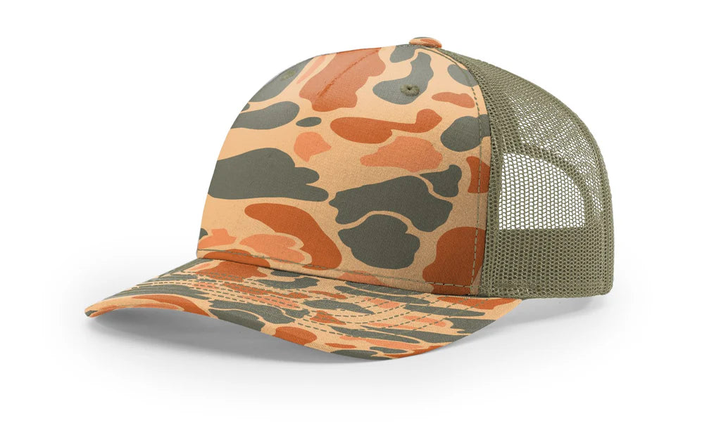 Richardson 112 PFP - Printed 5 Panel Trucker Hat – Sienna Duck Camo/Loden - Custom Leatherette Patch w Your Logo