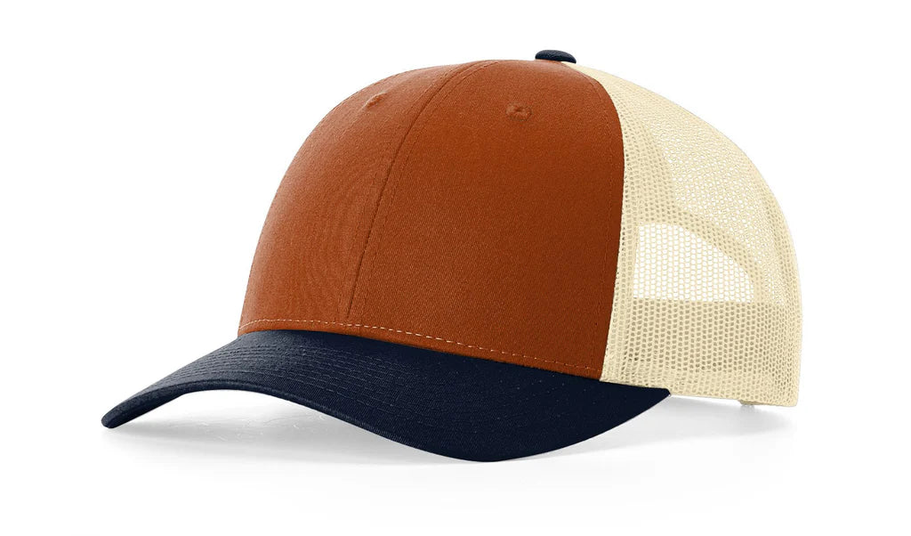 Richardson 115 Low Profile Trucker Hat – Dark Orange/Birch/Patriot Blue - Customized with Your Logo