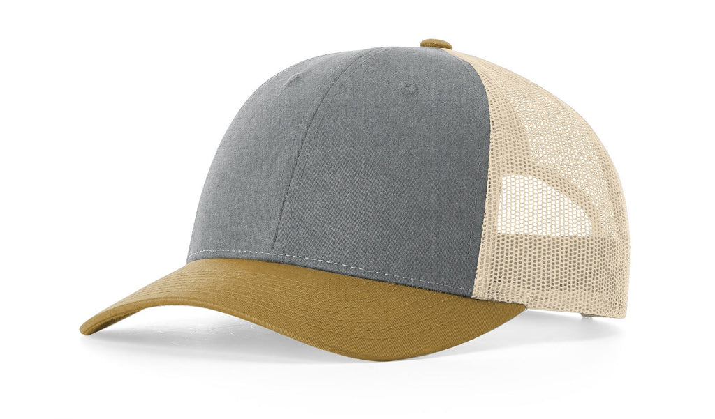 Richardson 115 Low Profile Trucker Hat – Heather Grey/Birch/Amber Gold - Customized with Your Logo