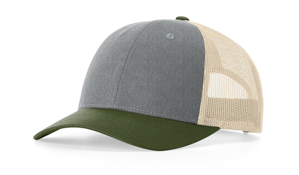 Richardson 115 Low Profile Trucker Hat – Heather Grey/Birch/Army Olive - Customized with Your Logo