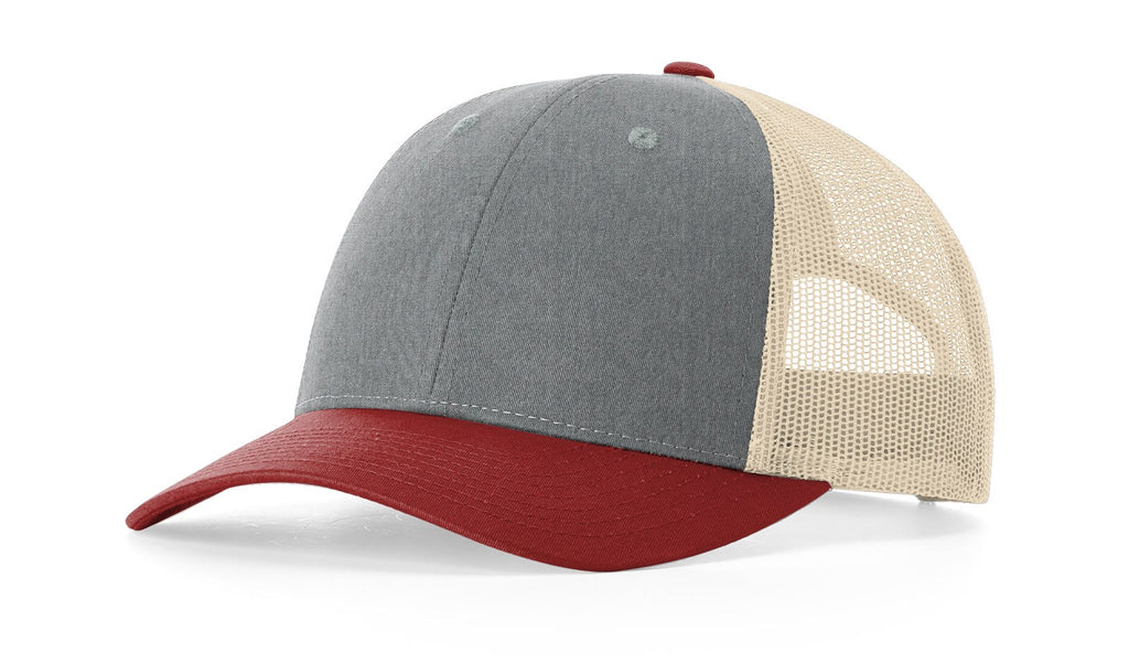 Richardson 115 Low Profile Trucker Hat – Heather Grey/Birch/Cardinal - Customized with Your Logo