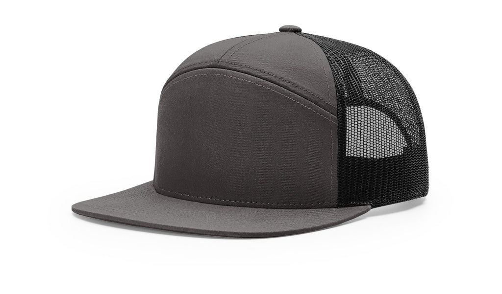 Richardson 168 - 7 Panel Trucker Hat –  Charcoal/Black - Custom Leatherette Patch w Your Logo