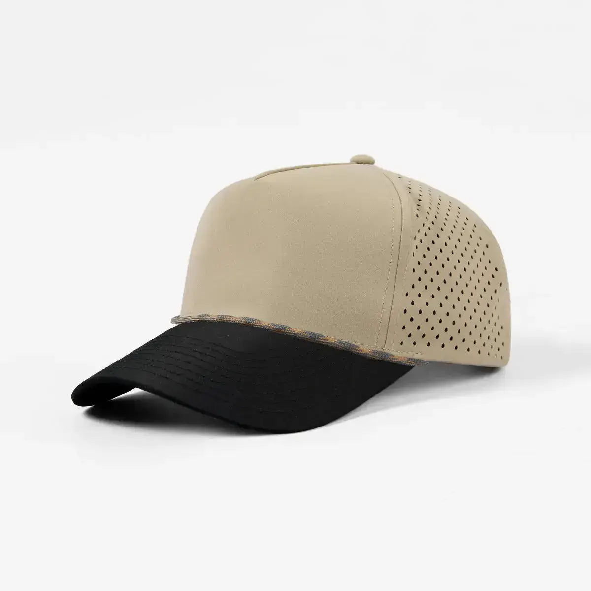 Foremost 6526P - 5 Panel Laser Performance Rope Hat – Khaki+Black K101-1 - Customized with Your Logo