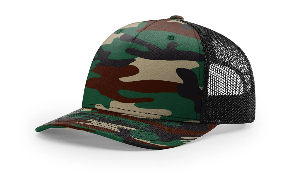 Richardson 112 PFP  5-Panel Trucker Hat – Green Camo/Black - Customized with Your Logo