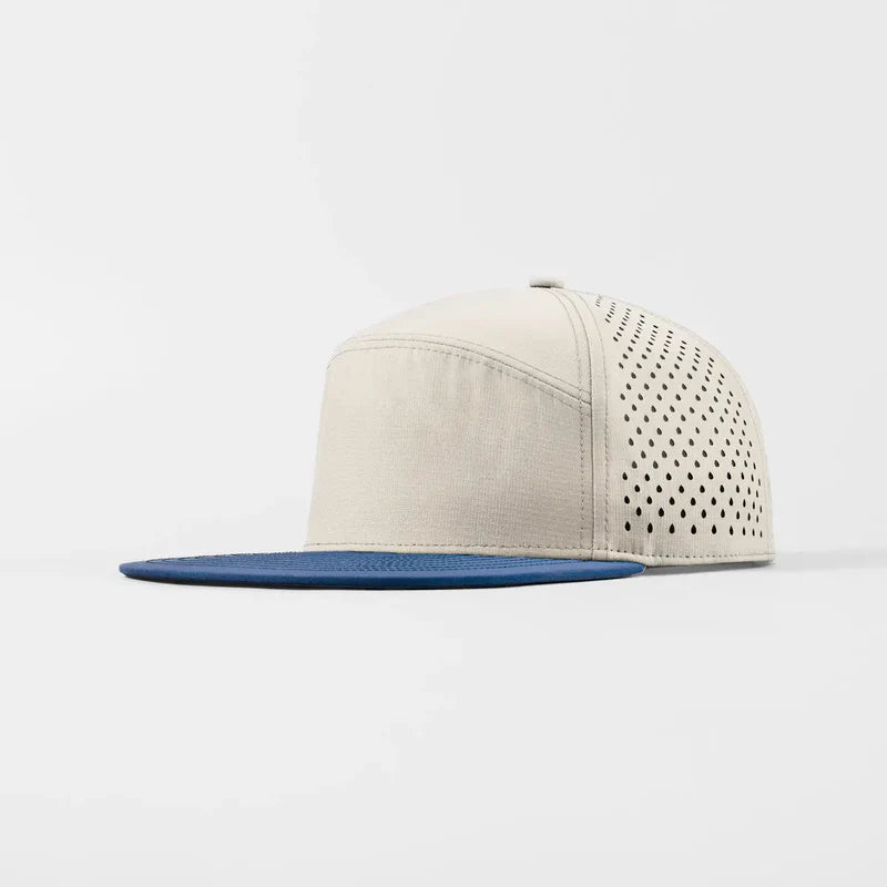Foremost 6023 Perf Flat Bill Hat – Beige+R.Blue - Customized with Your Logo