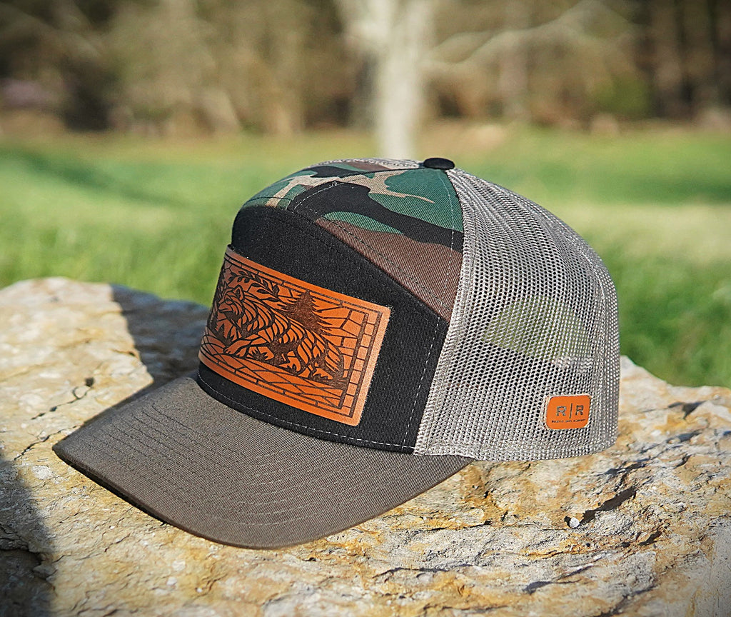 Richardson 168 -  7-Panel Trucker Hat – Black/Camo/Loden - Customized with Your Logo