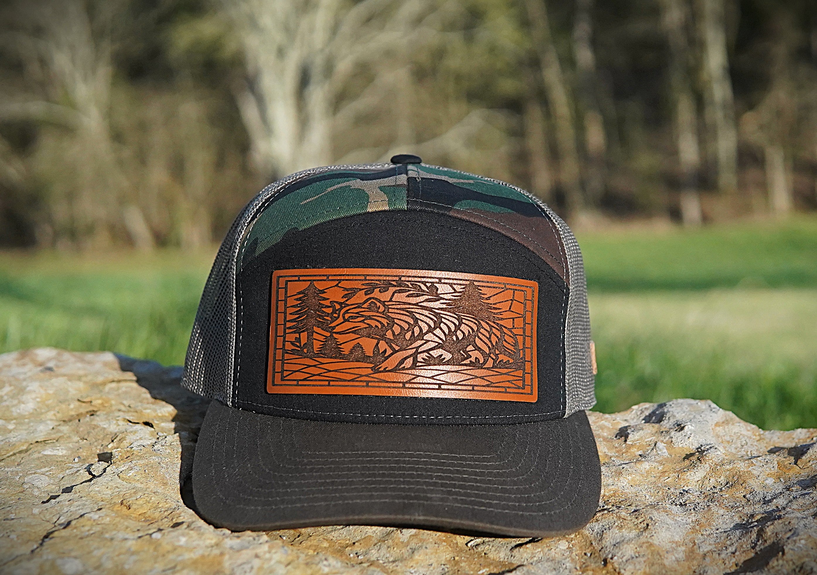 Richardson 168 -  7-Panel Trucker Hat – Black/Camo/Loden - Customized with Your Logo