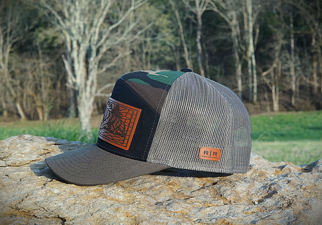 Richardson 168 - 7 Panel Trucker Hat – Black/Camo/Loden - Custom Leatherette Patch w Your Logo