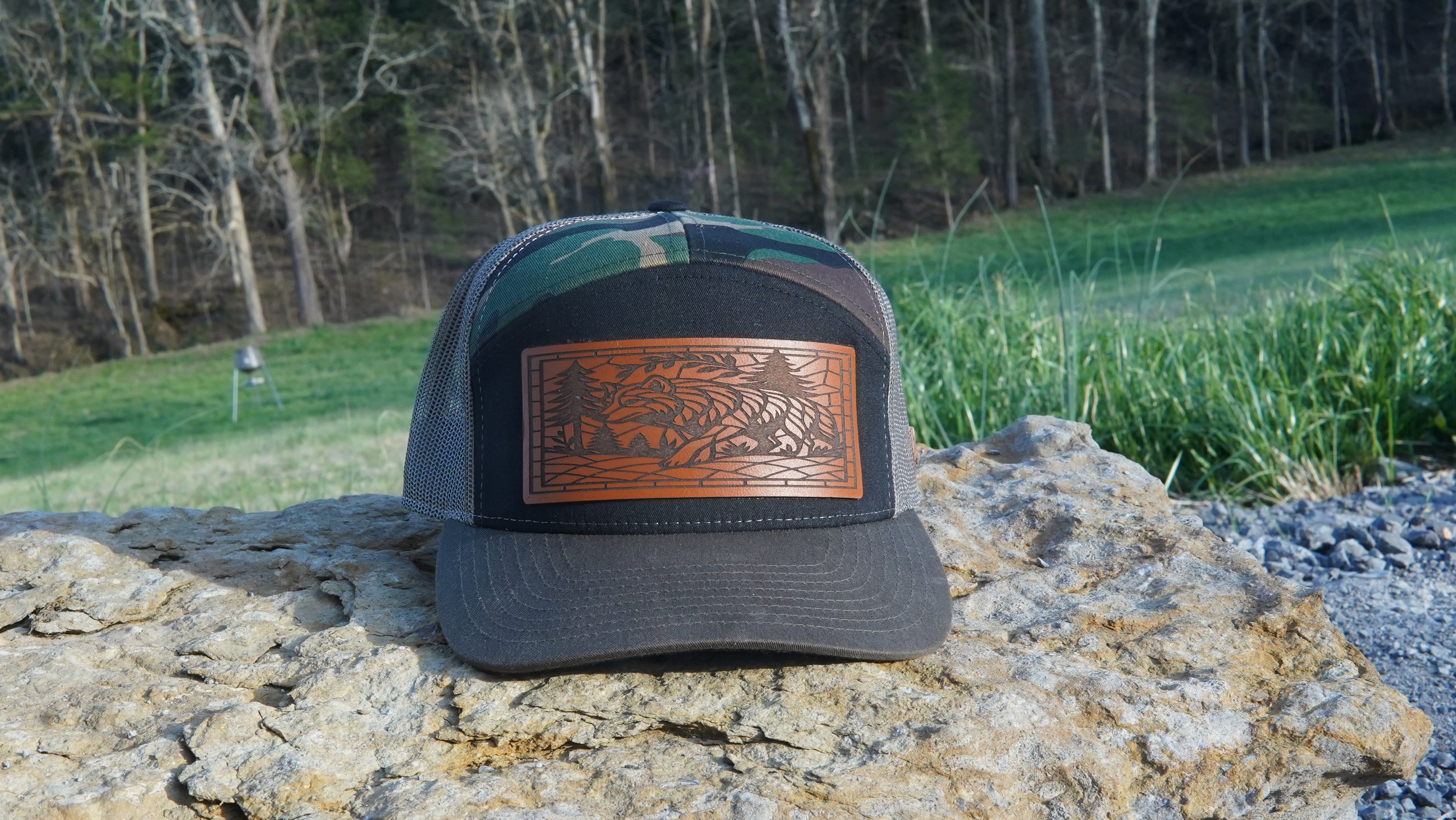Richardson 168 - 7 Panel Trucker Hat – Black/Camo/Loden - Custom Leatherette Patch w Your Logo