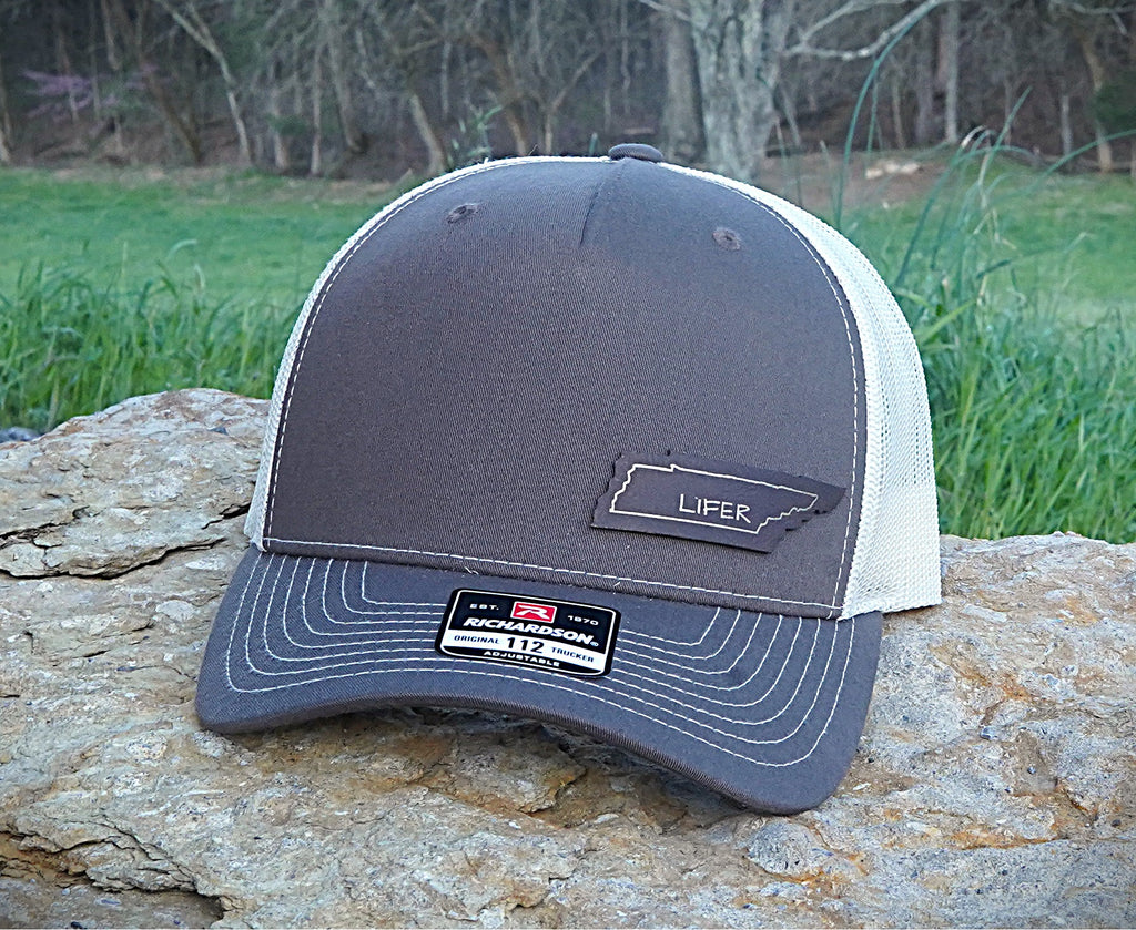 Richardson 112 FP - 5 Panel Trucker Hat –  Chocolate Chip/Birch - Custom Leatherette Patch w Your Logo