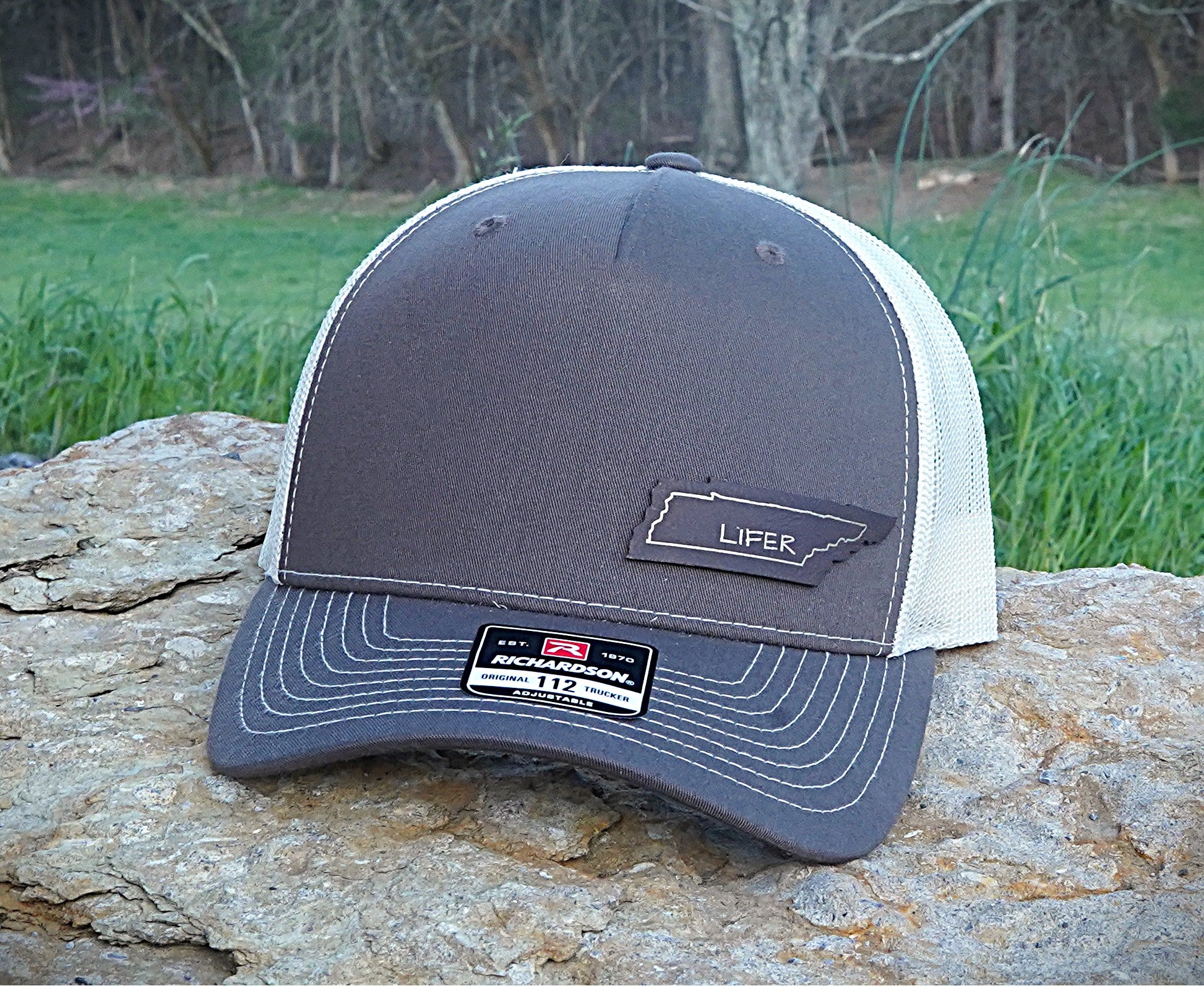 Richardson 112 FP - 5 Panel Trucker Hat –  Chocolate Chip/Birch - Custom Leatherette Patch w Your Logo