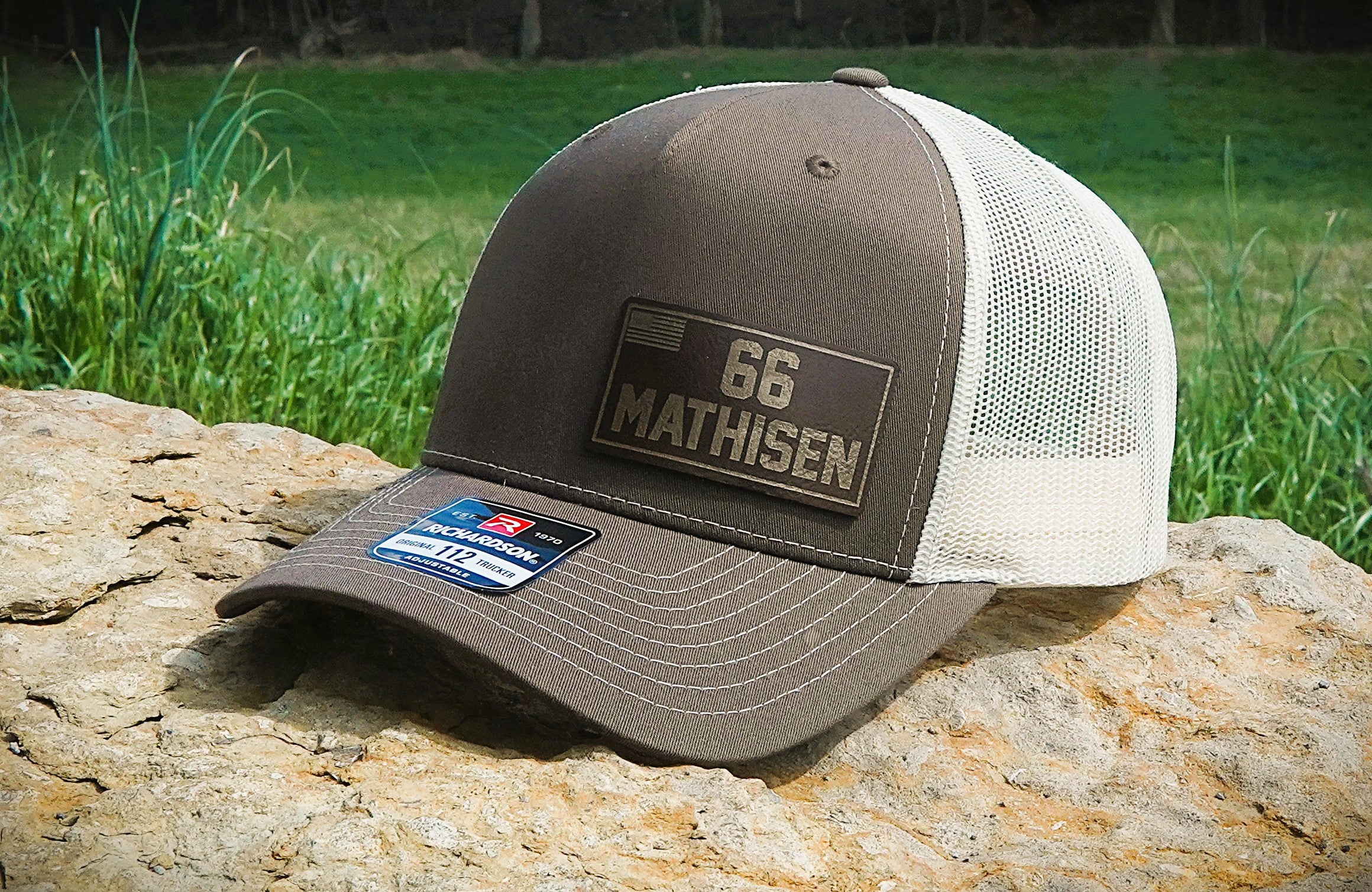 Richardson 112 FP - 5 Panel Trucker Hat –  Chocolate Chip/Birch - Custom Leatherette Patch w Your Logo