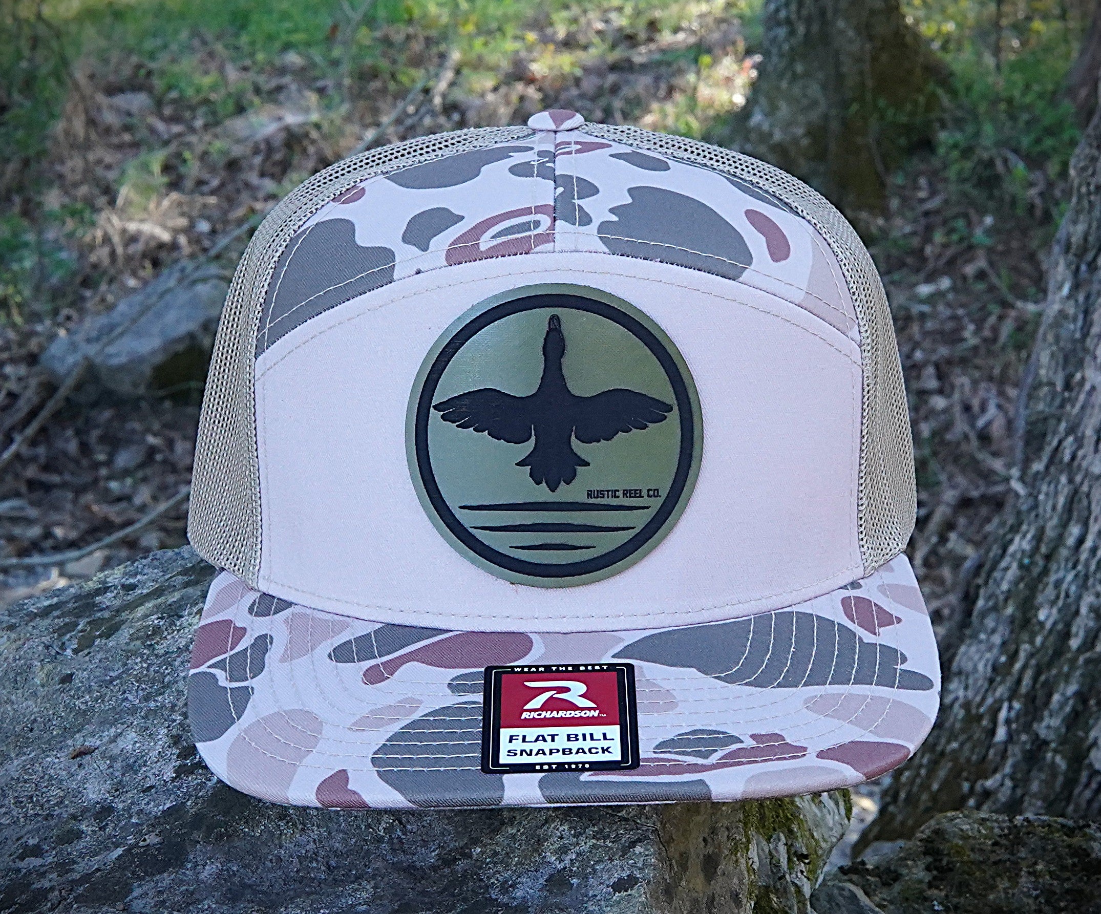 Richardson 168P Printed 7 Panel Trucker Hat – Harvest Duck Camo/Sandstone   - Custom Leather Patch
