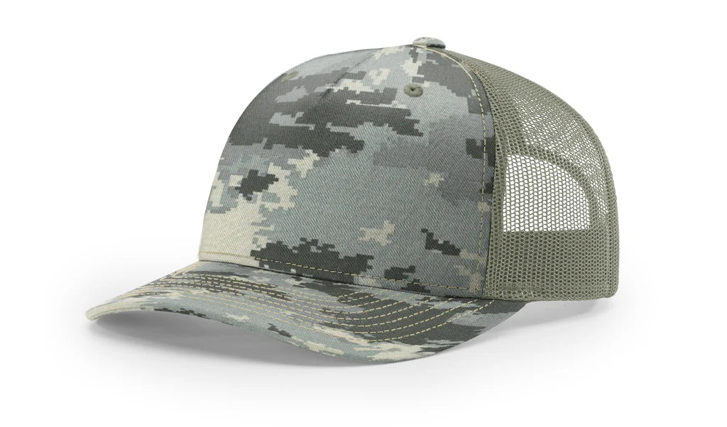Richardson 112 PFP - Printed 5 Panel Trucker Hat – Digital Camo/Light Green - Custom Leatherette Patch w Your Logo