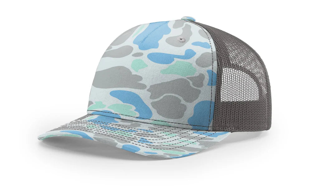 Richardson 112 PFP - Printed 5 Panel Trucker Hat – Saltwater Duck Camo/Charcoal - Custom Leatherette Patch w Your Logo