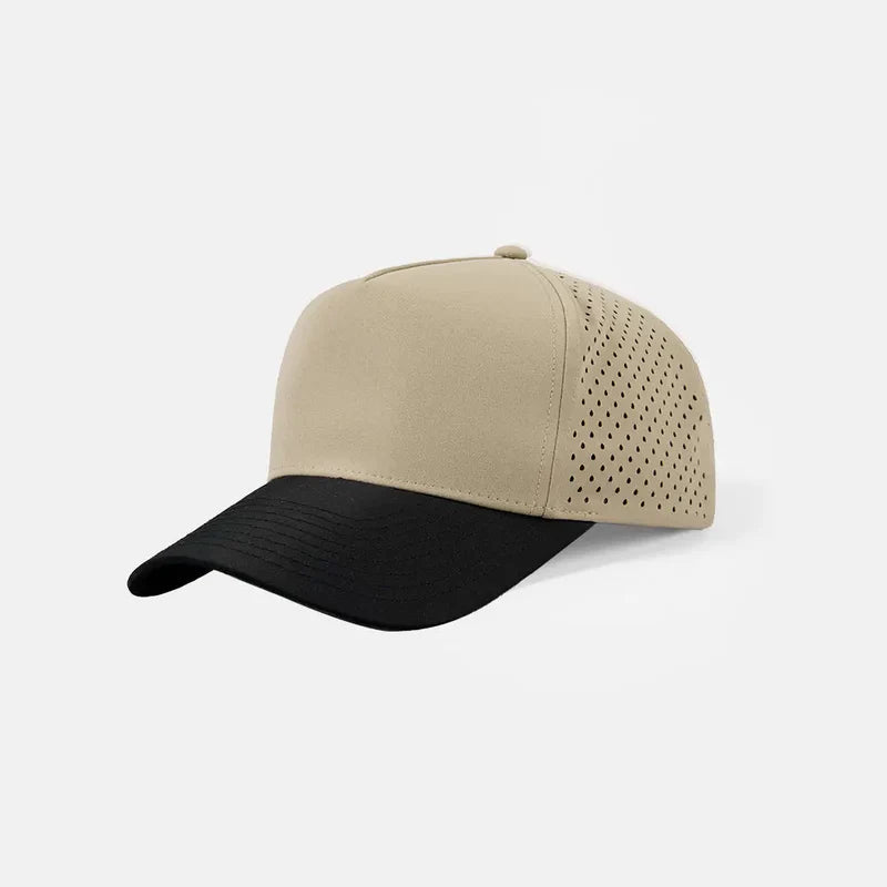 Foremost 6526 - 5 Panel Laser Performance Hat – Khaki+Black - Customized with Your Logo