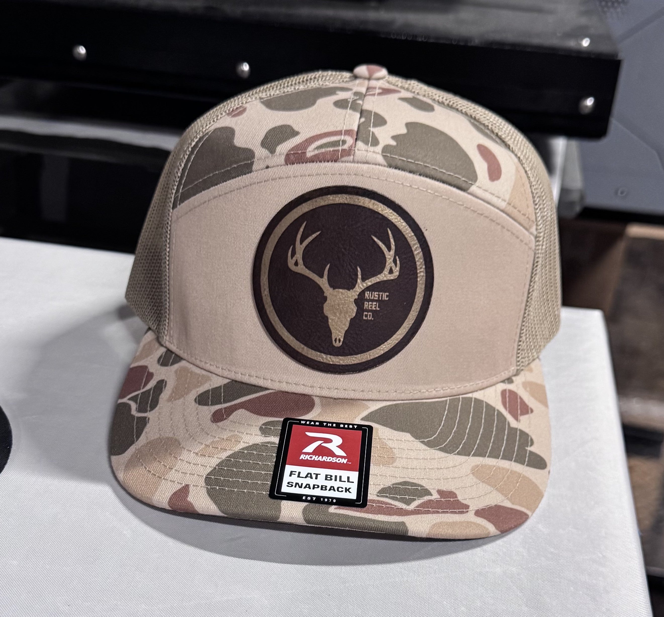 Richardson 168P Printed 7 Panel Trucker Hat – Harvest Duck Camo/Sandstone - Customized with Your Logo