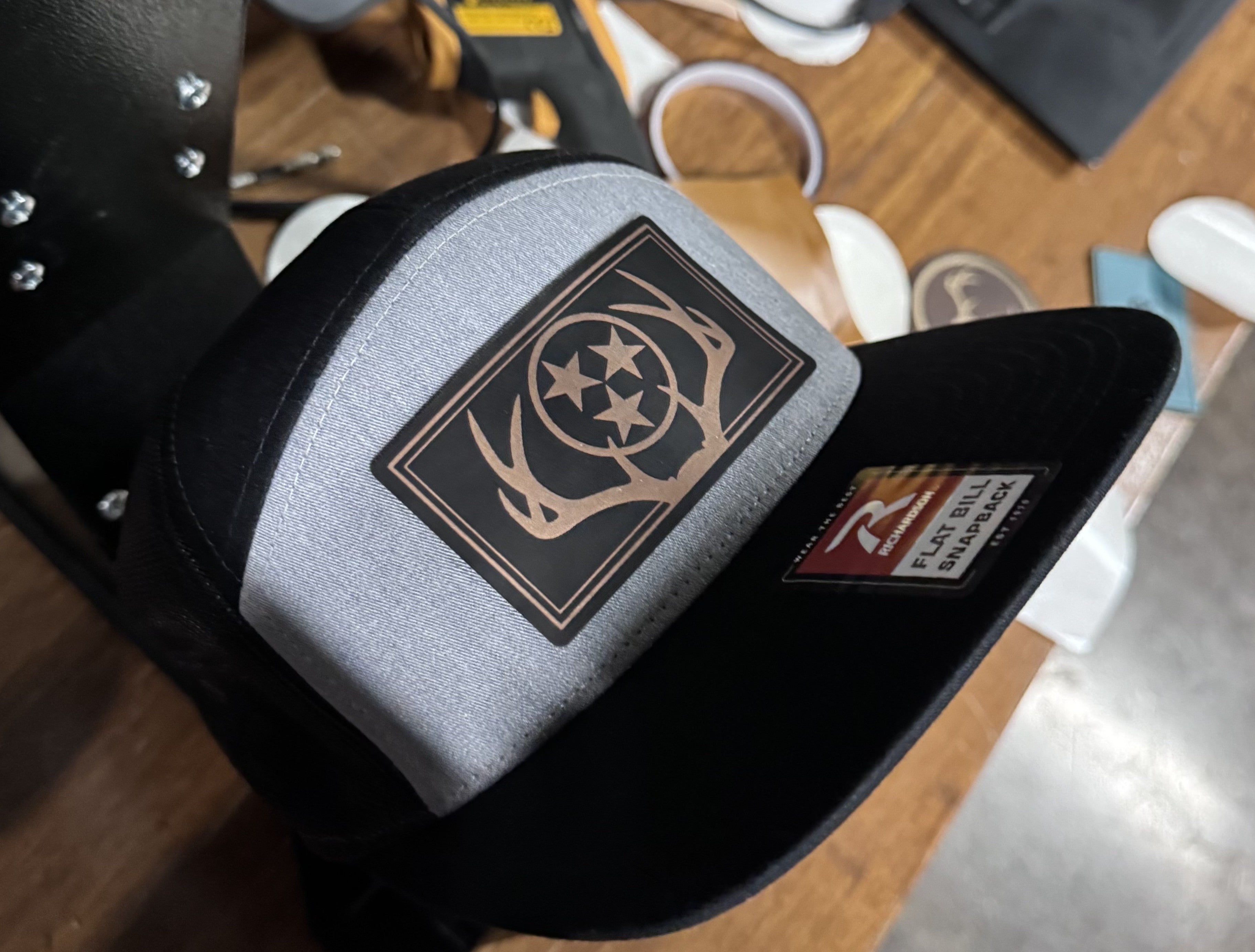 Richardson 168P Printed 7 Panel Trucker Hat – Harvest Duck Camo/Sandstone   - Custom Leather Patch (Copy) (Copy) (Copy)