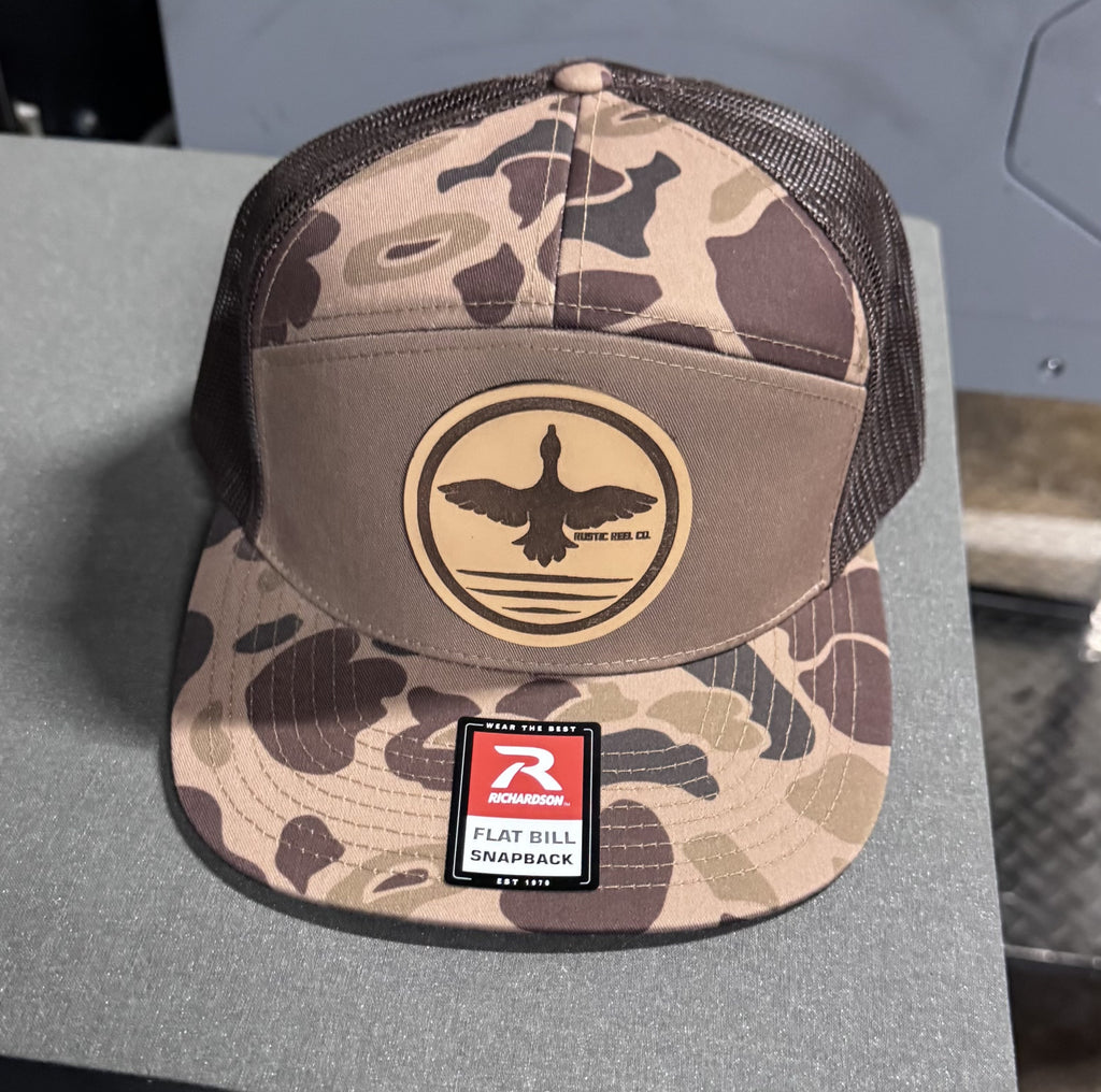 Richardson 168P Printed 7 Panel Trucker Hat – Bark Duck Camo/Brown  - Custom Leather Patch