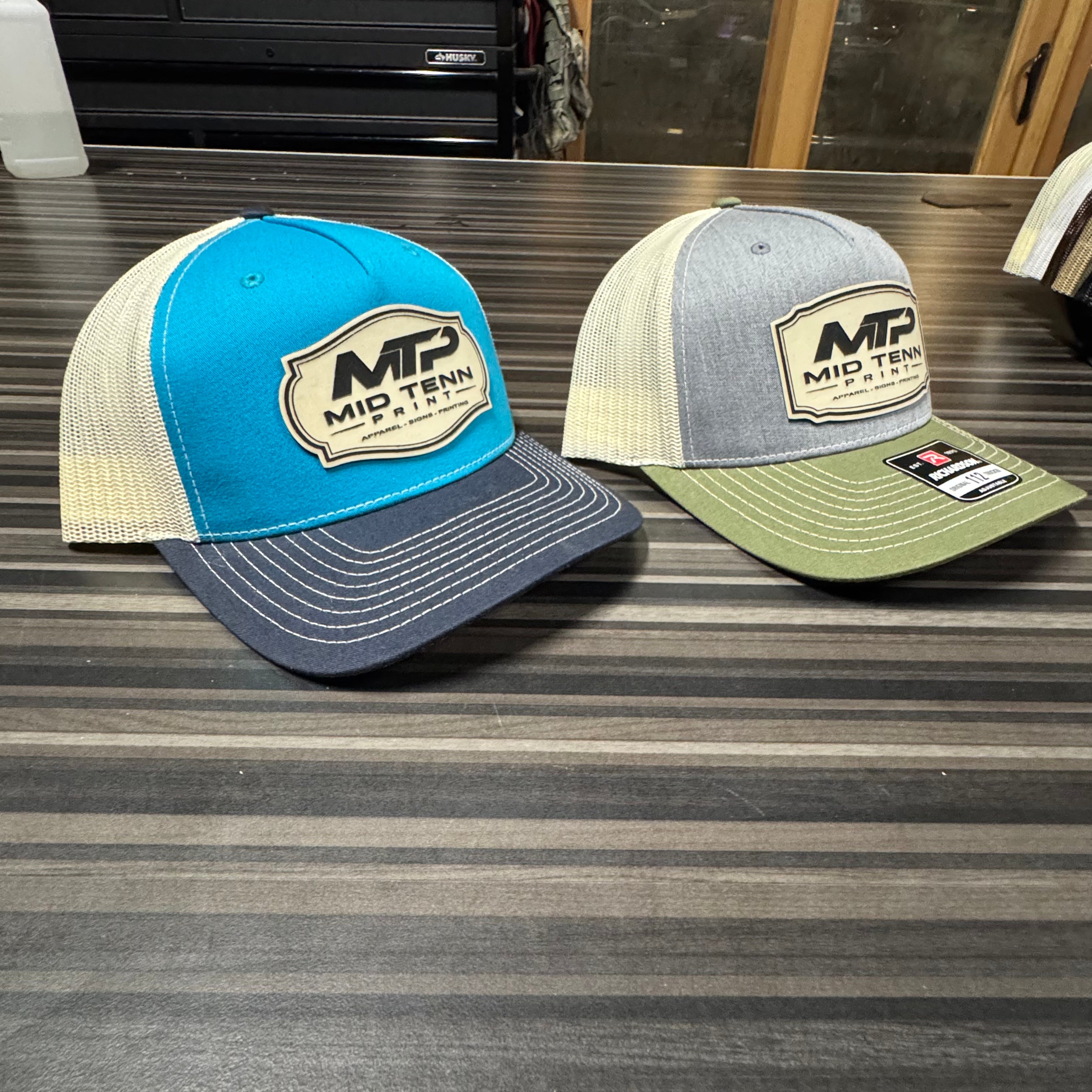 Richardson 112 FP - 5 Panel Trucker Hat – Heather Grey/Birch/Army Olive - Custom Leatherette Patch w Your Logo