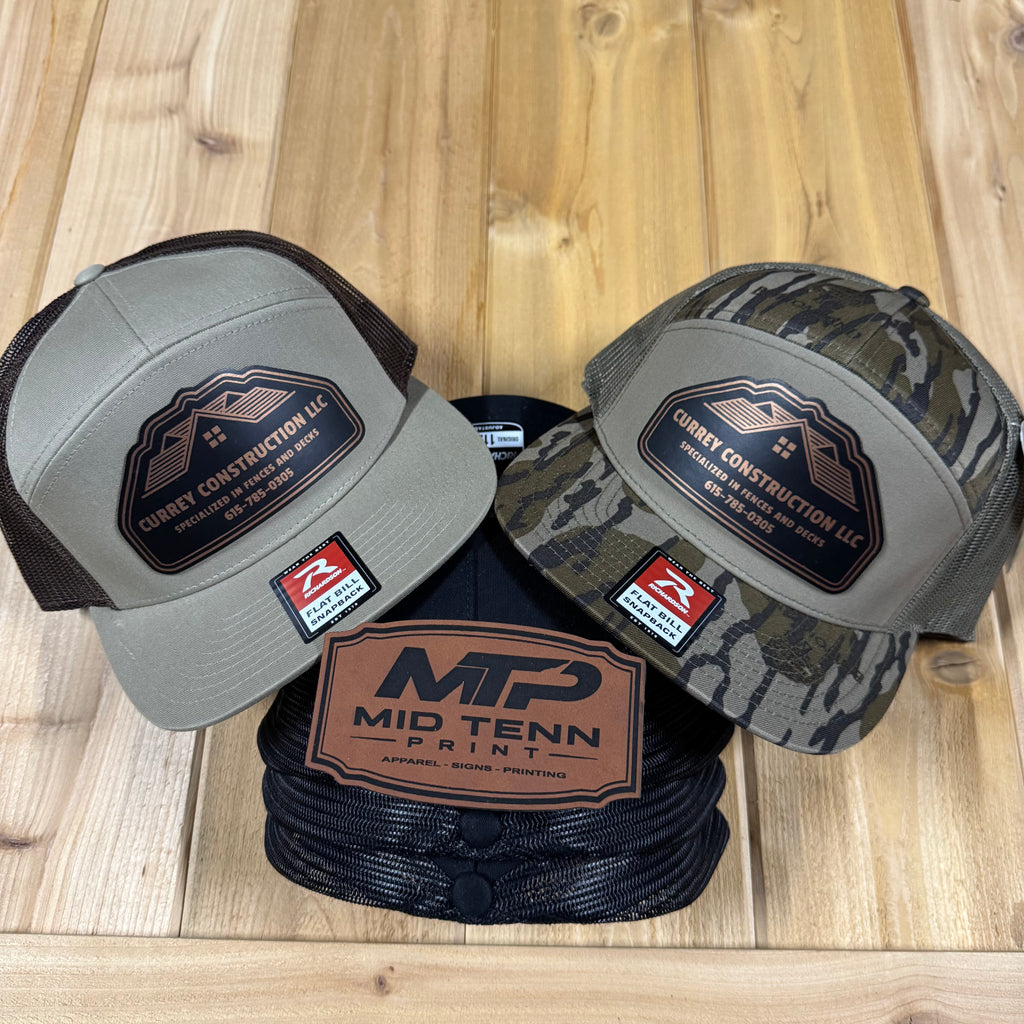 Richardson 168P Printed 7 Panel Trucker Hat – Mossy Oak Bottomland/Loden - Custom Leather Patch