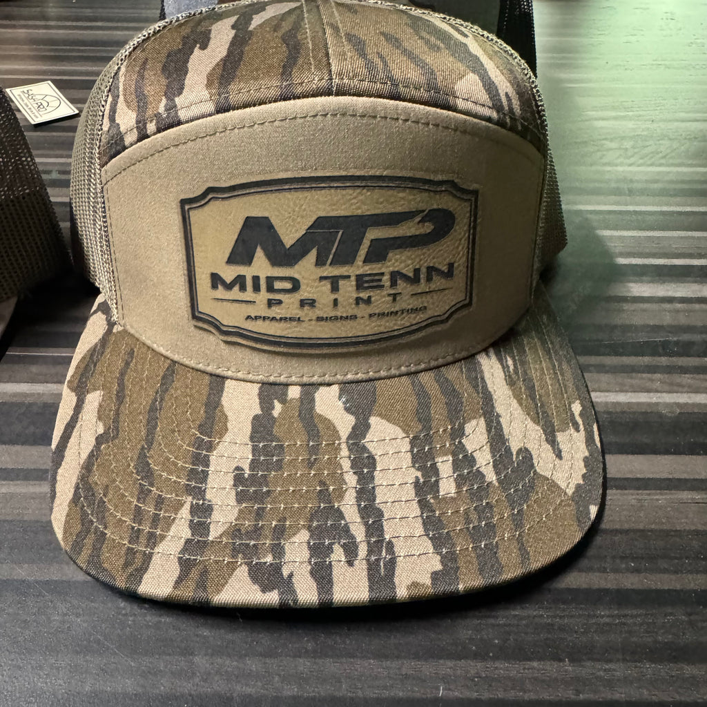 Richardson 168P Printed 7 Panel Trucker Hat – Mossy Oak Bottomland/Loden - Custom Leather Patch