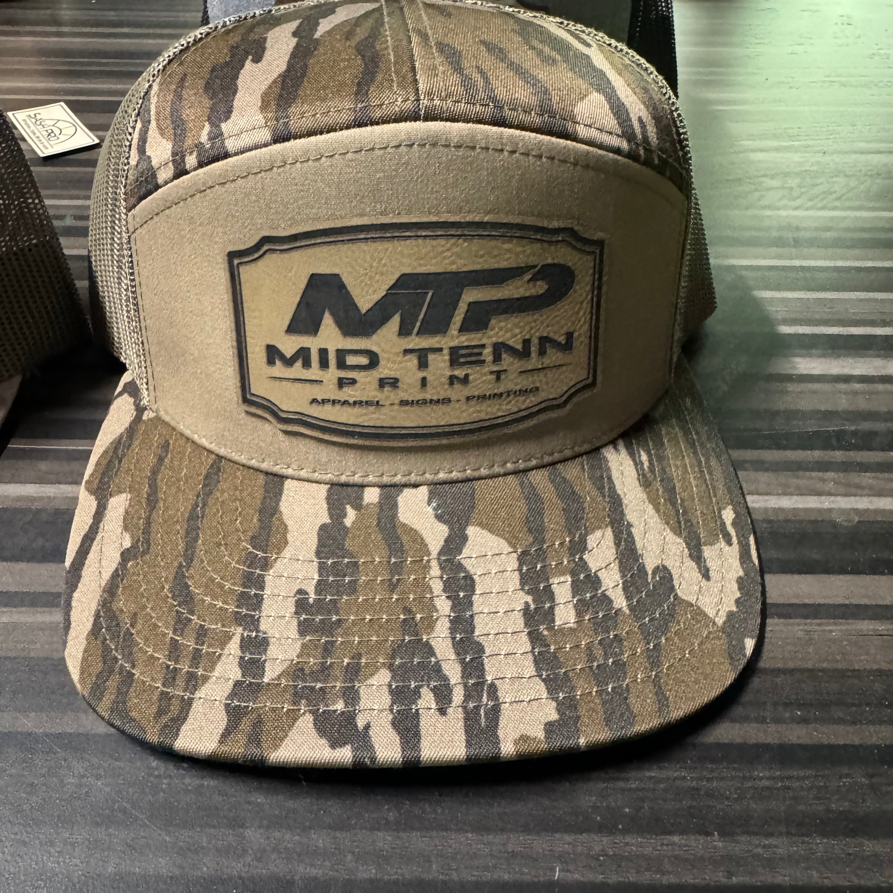 Richardson 168P Printed 7 Panel Trucker Hat – Harvest Duck Camo/Sandstone   - Custom Leather Patch (Copy) (Copy) (Copy)