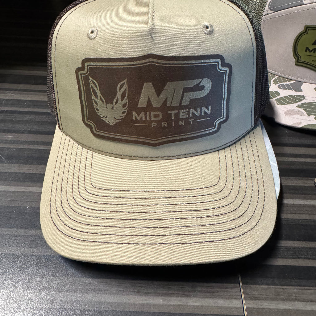 Richardson 168P Printed 7 Panel Trucker Hat – Mossy Oak Bottomland/Loden - Custom Leather Patch