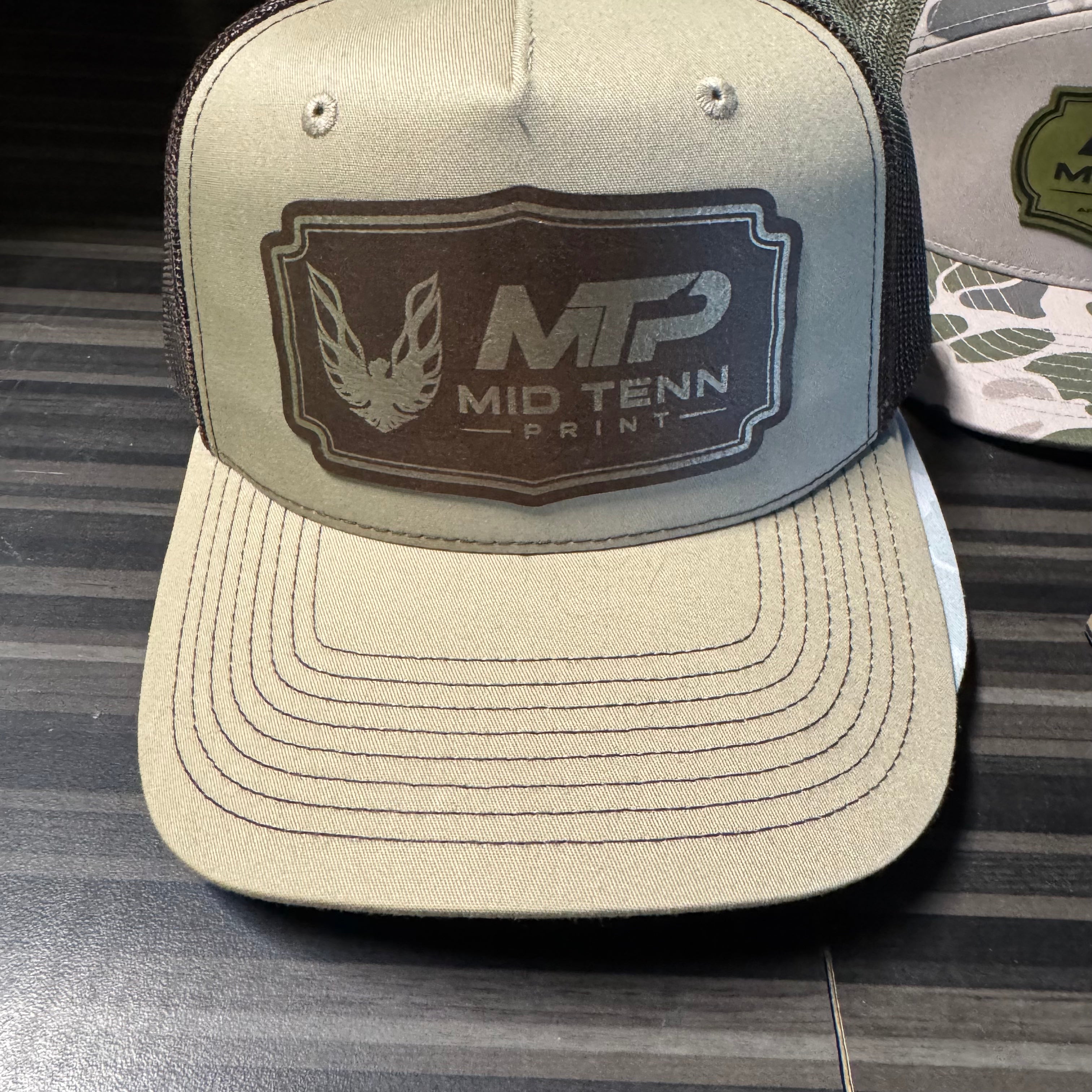 Richardson 168P Printed 7 Panel Trucker Hat – Harvest Duck Camo/Sandstone   - Custom Leather Patch (Copy) (Copy) (Copy)