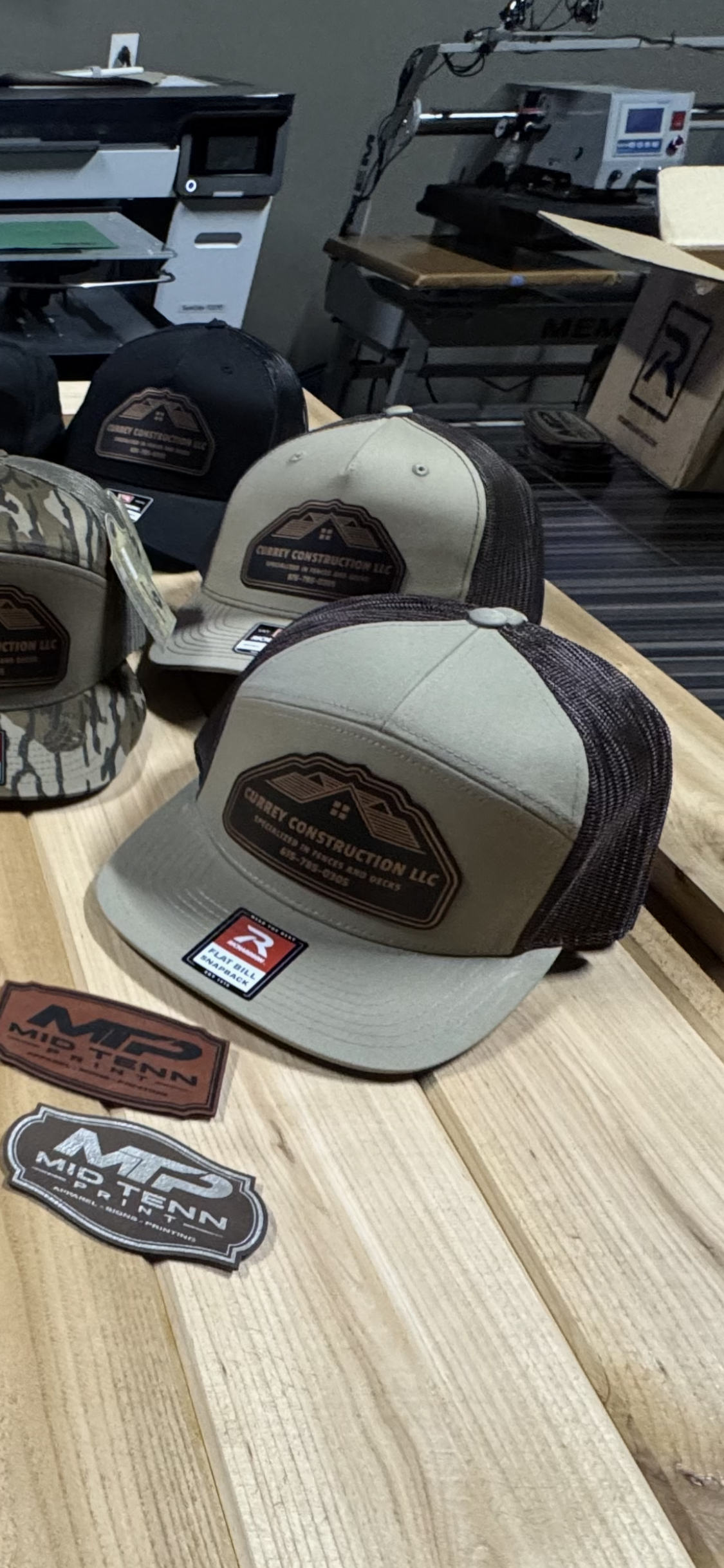 Richardson 168 - 7 Panel Trucker Hat – Pale Khaki/Brown - Custom Leatherette Patch w Your Logo