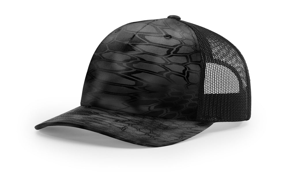 Richardson 112 PFP - Printed 5 Panel Trucker Hat – Kryptek Typhon/Black - Custom Leatherette Patch w Your Logo