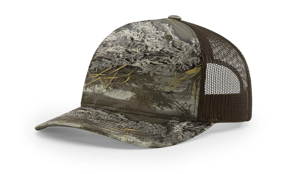 Richardson 112 PFP - Printed 5 Panel Trucker Hat – Realtree Max-1 XT/Brown - Custom Leatherette Patch w Your Logo