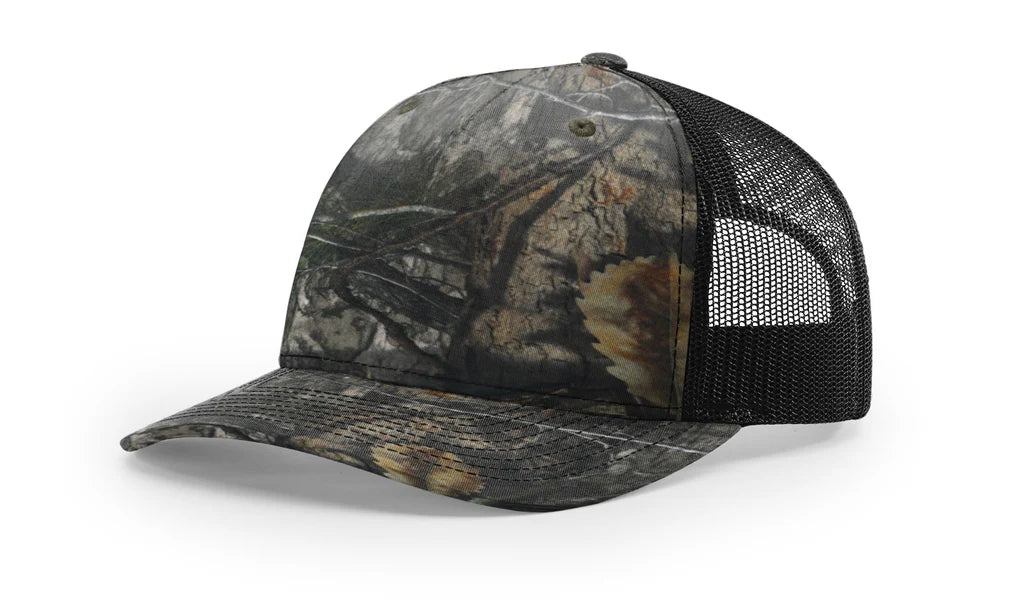 Richardson 112 PFP - Printed 5 Panel Trucker Hat – Mossy Oak Country DNA/Black - Custom Leatherette Patch w Your Logo